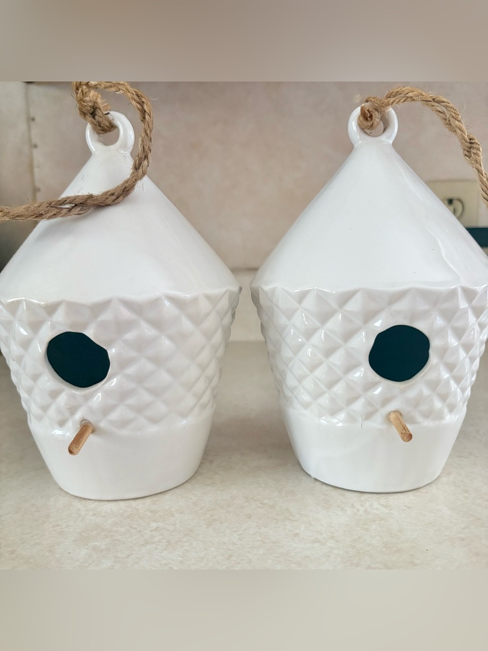 Ashland Pair of White Ceramic Hanging Bird Feeders